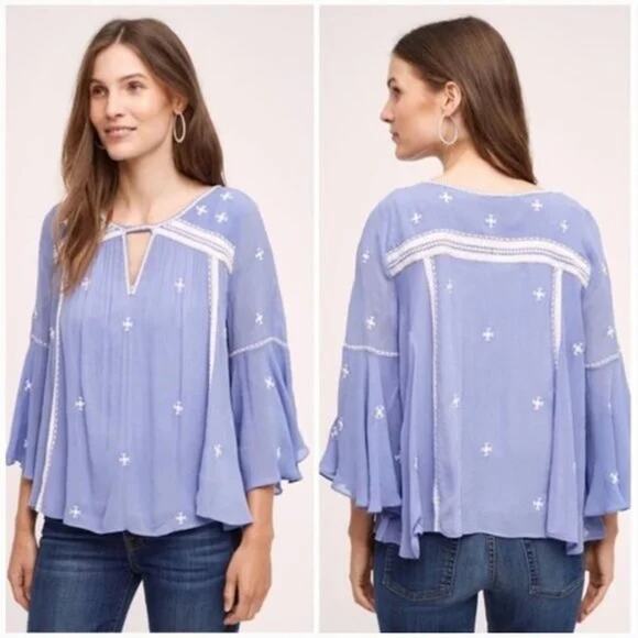 Anthropologie Tops - Anthropologie Adena Blue Purple Embroidered Peasant Top Flutter 4p